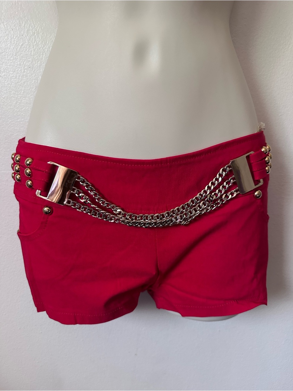 Red Chain-Embellished Low-Rise Shorts